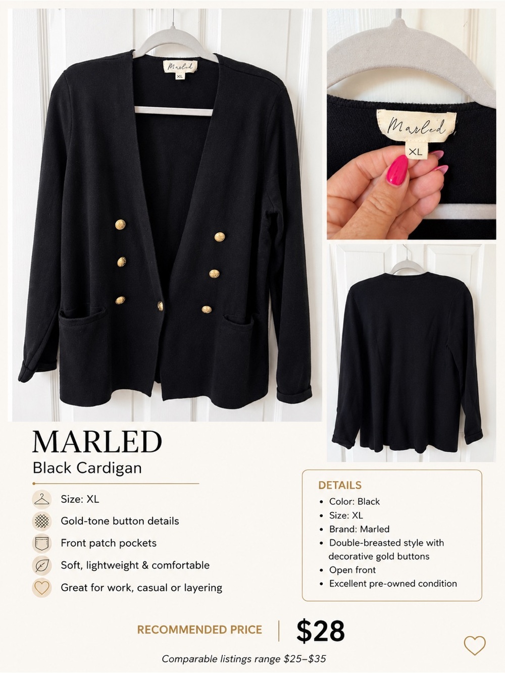 Marled Black Double-Breasted Cardigan with Gold Buttons